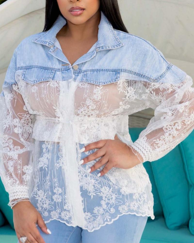 

Contrast Denim Embroidery Sheer Mesh Drawstring Shirt, Blue
