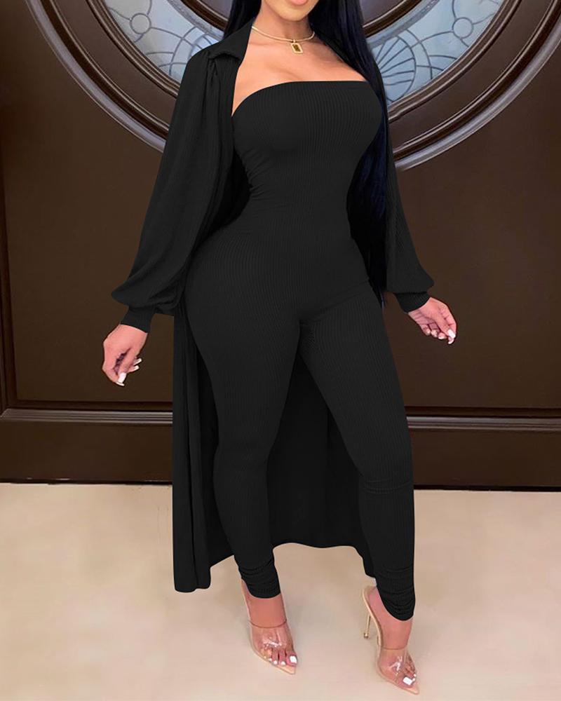 

Solid Ribbed Bodice Jumpsuit With Lantern Sleeve Coat, Black