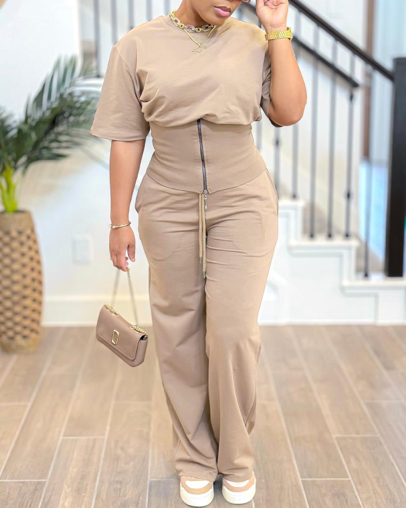

2PCS Zipper Design T-Shirt & Drawstring Waist Pants Set, Khaki
