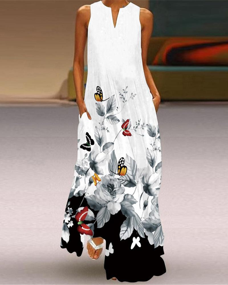 

Butterfly Floral Print Sleeveless Maxi Dress, White