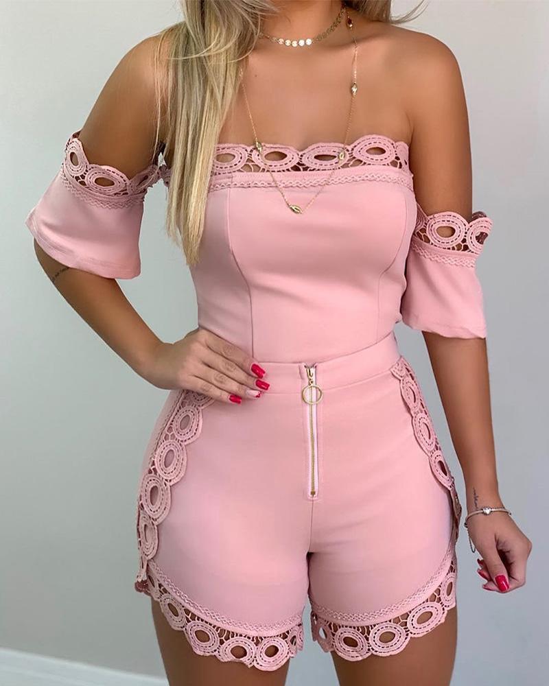 

Off Shoulder Hollow Out Lace Top & Shorts Sets, Pink