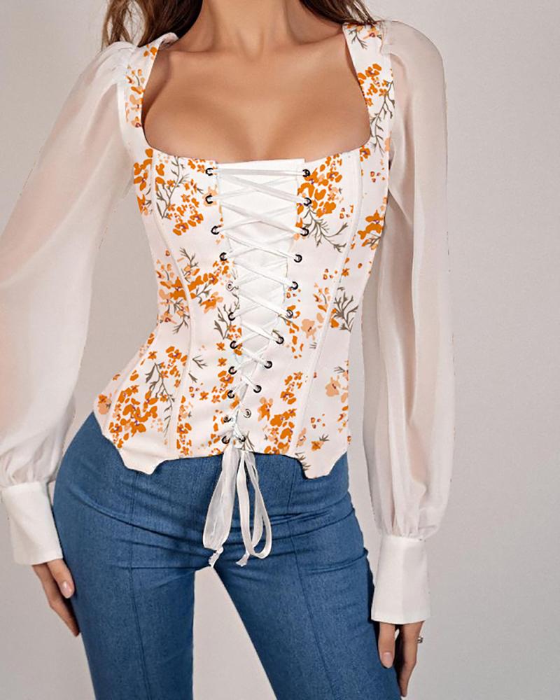 

Square Neck Sheer Mesh Floral Print Lace-Up Patchwork Top, Orange