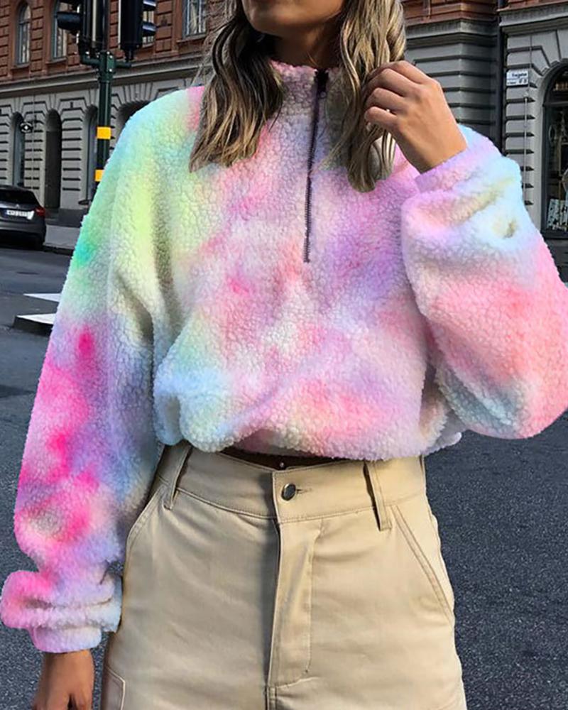 

Tie Dye Print Half Placket Fluffy Sweatshirt, Multicolor