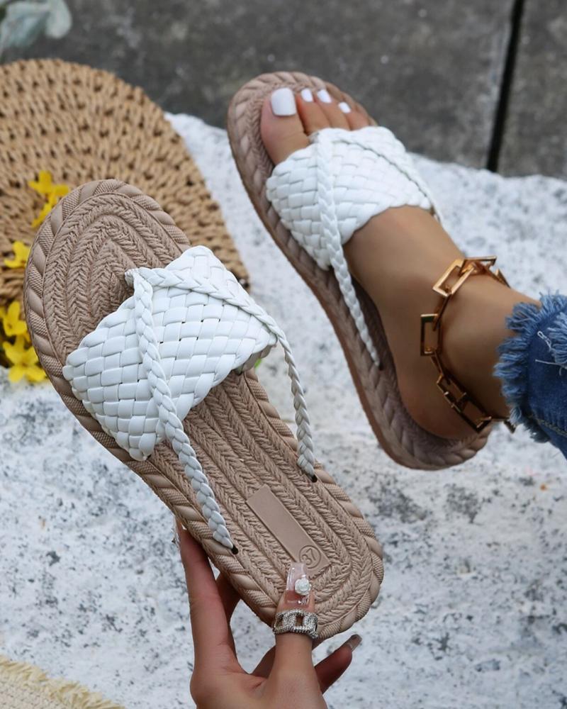 

Braided Toe Post Casual Beach Slippers, White