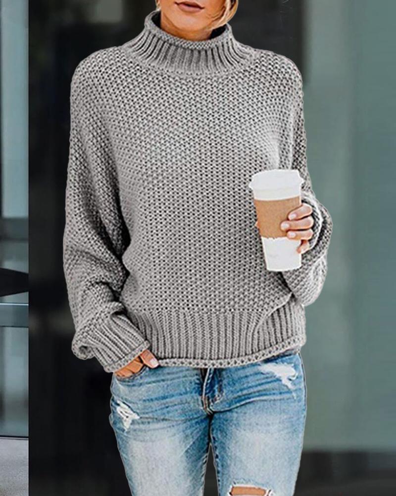 

Lantern Sleeve High Neck Casual Sweater, Gray