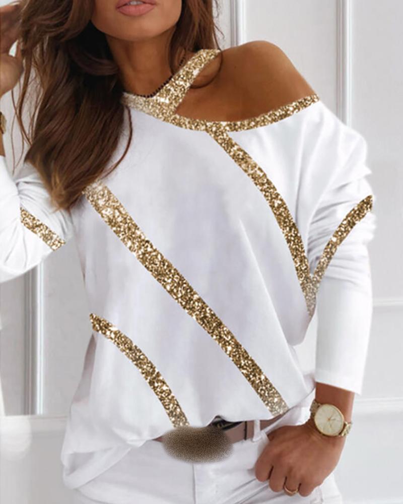 

Sequins Cold Shoulder Long Sleeve Women Top, White