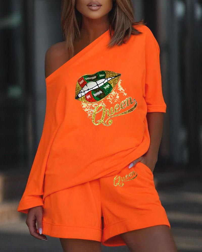 

Lip Letter Print Casual Top & Shorts Set, Orange