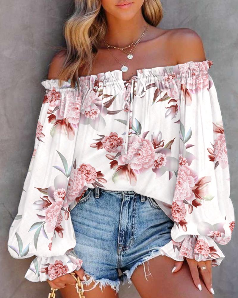 

Floral Print Off Shoulder Lantern Sleeve Top, White