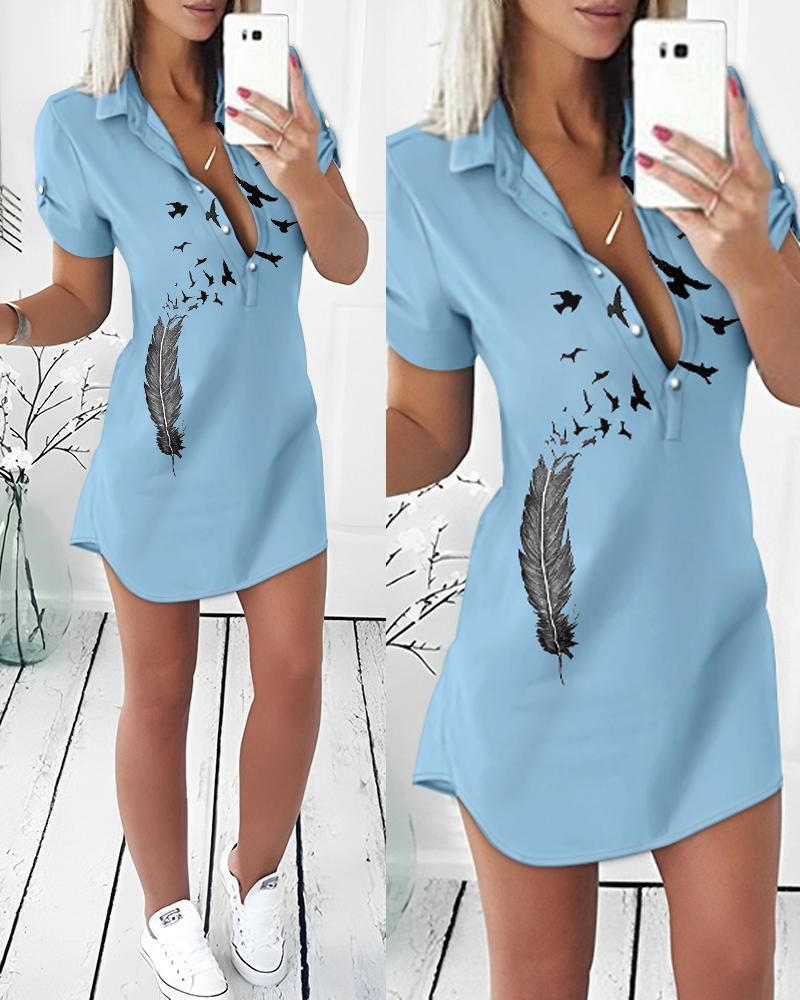 

Feather Bird Print Button Front Shirt Dress, Blue