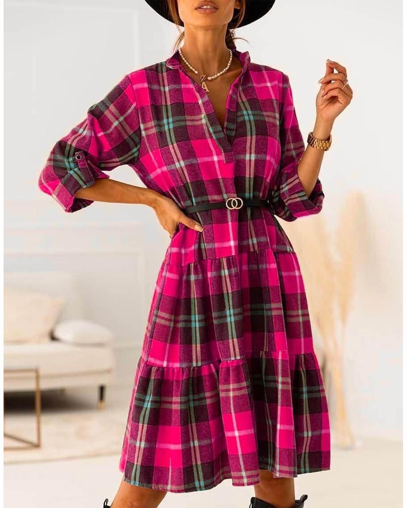 Plaid Print Roll Up Sleeve Shirt Dress