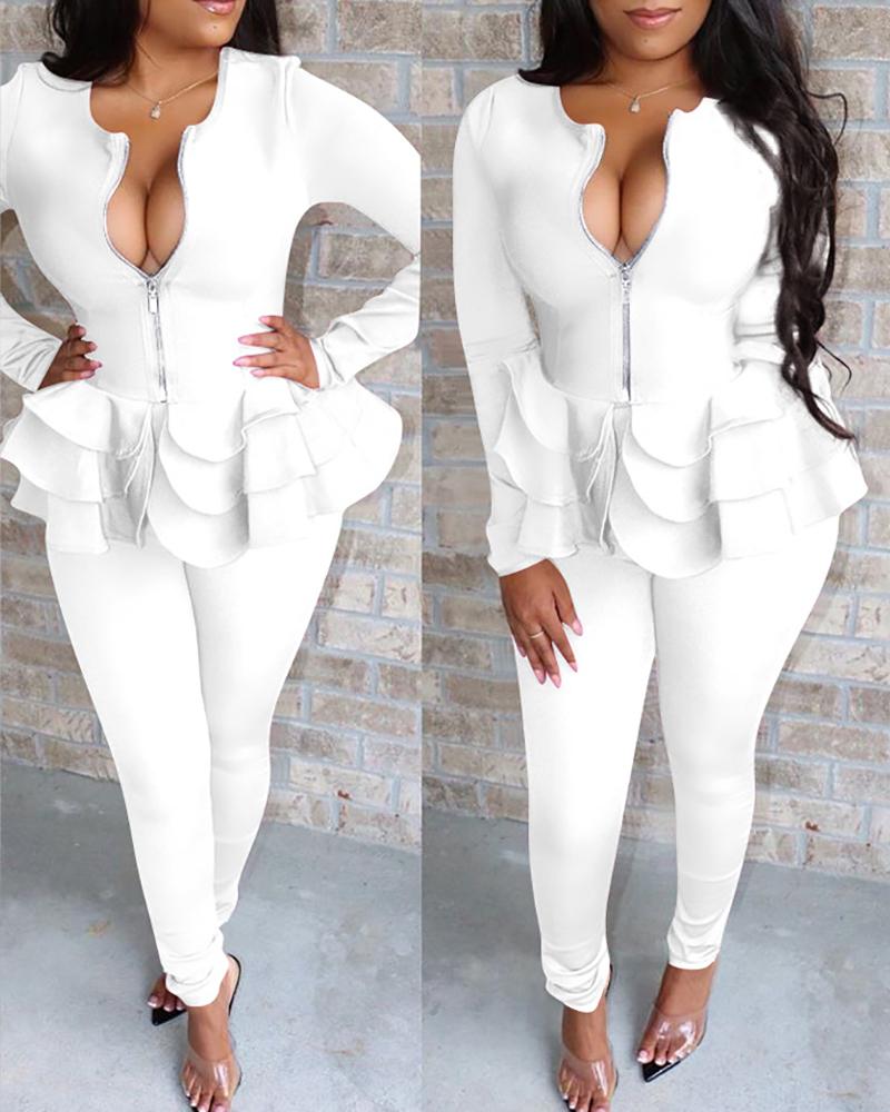 

Zipper Design Layered Ruffles Top & Pants Set, White