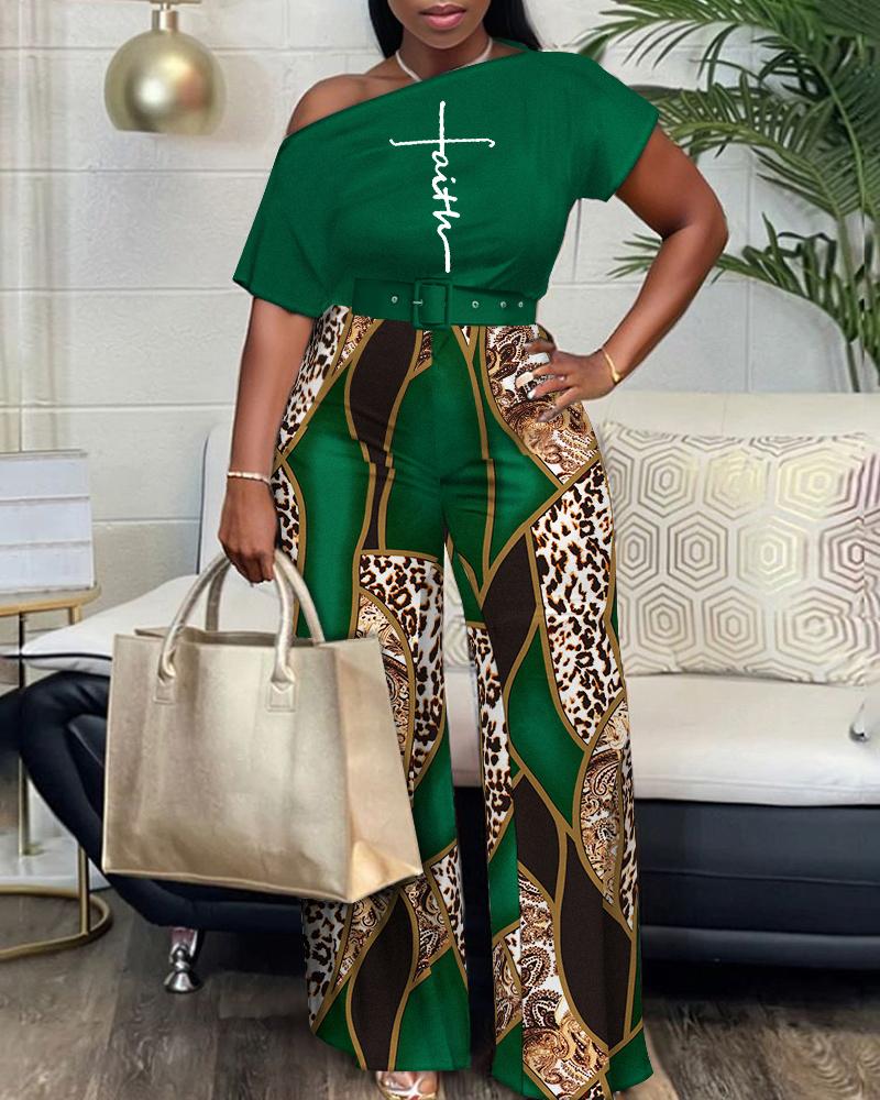 

Faith Baroque Leopard Print Skew Neck Straight Leg Jumpsuit, Green