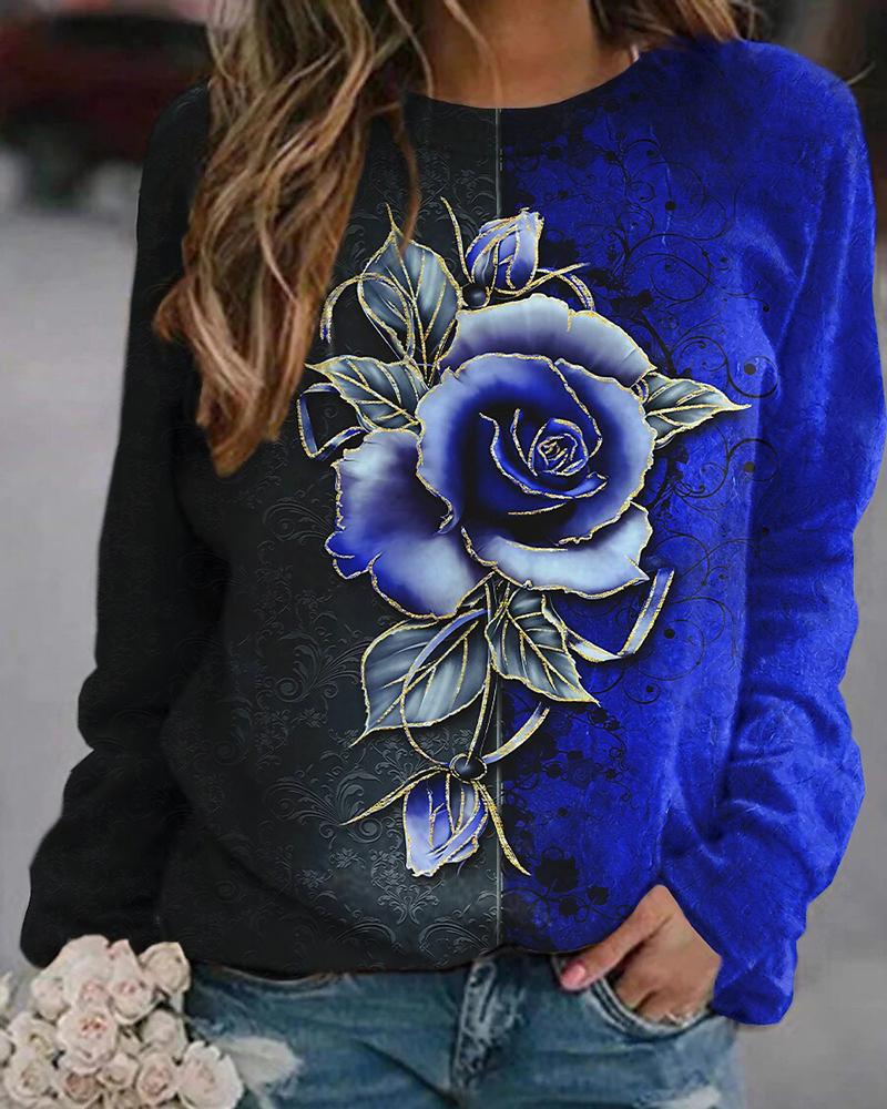 

Floral Print Colorblock Long Sleeve Sweatshirt, Blue