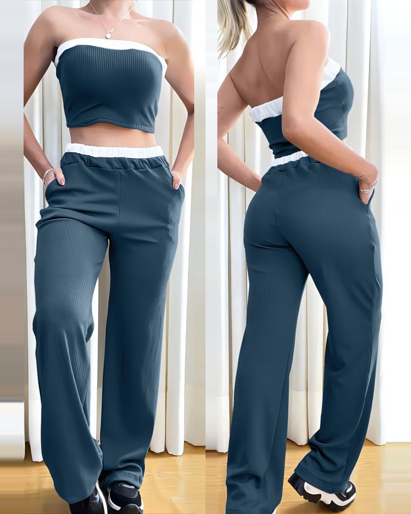 

Contrast Binding Bandeau Ribbed Top & Pocket Design Pants Set, Dark grey