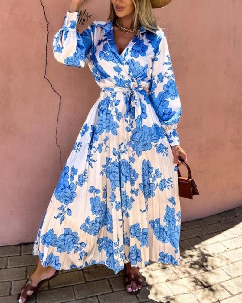 

Floral Print Long Sleeve Pleated Shirt Dress, White