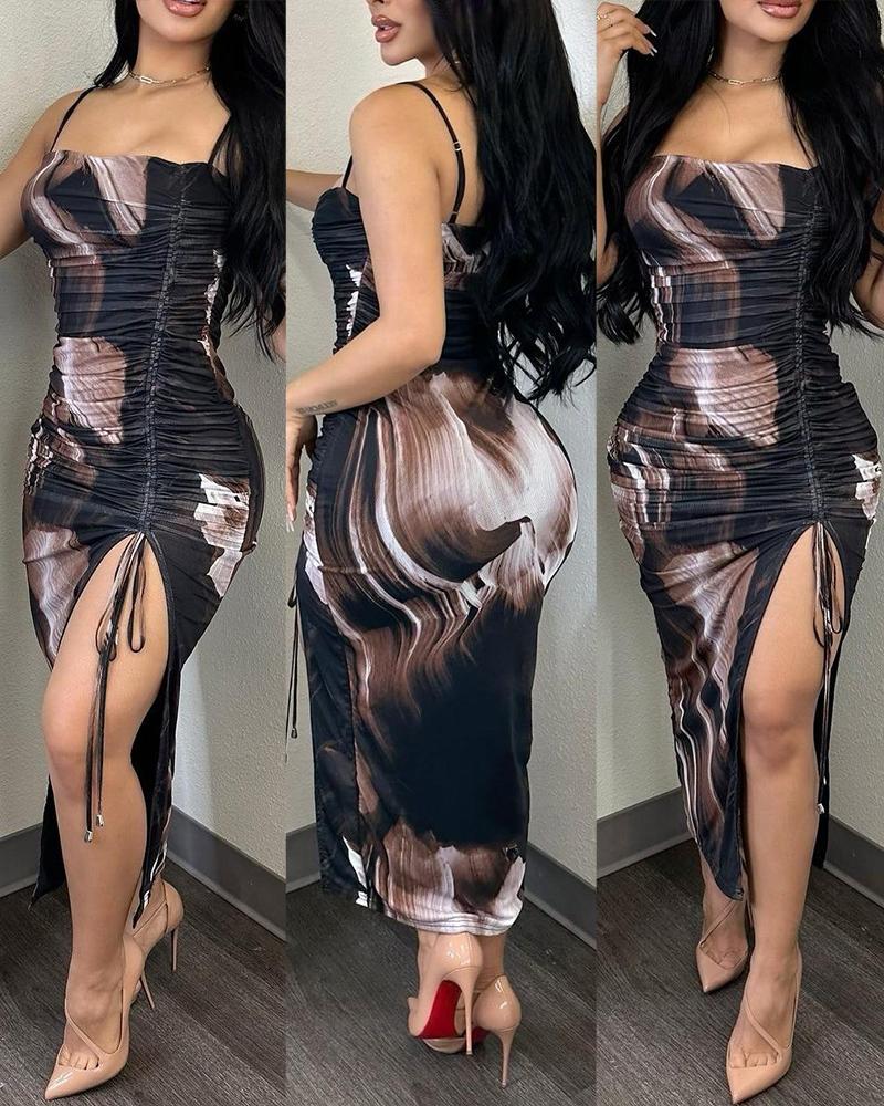 

Tie Dye Print Drawstring Slit Midi Dress, Dark brown