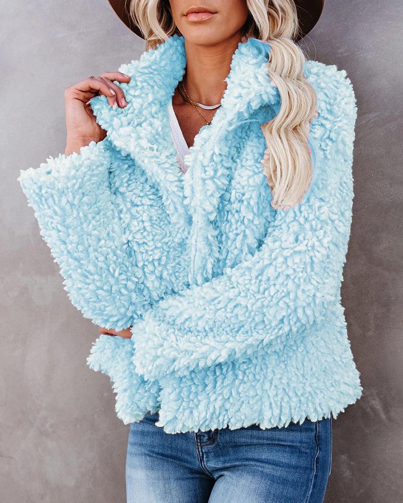 

Long Sleeve Open Front Casual Teddy Coat, Light blue