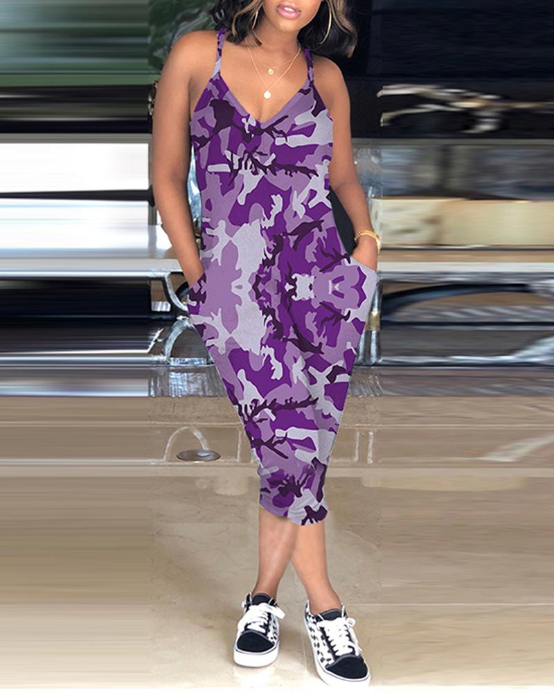 

Sling V-Neck Camouflage Baggy Jumpsuit, Purple