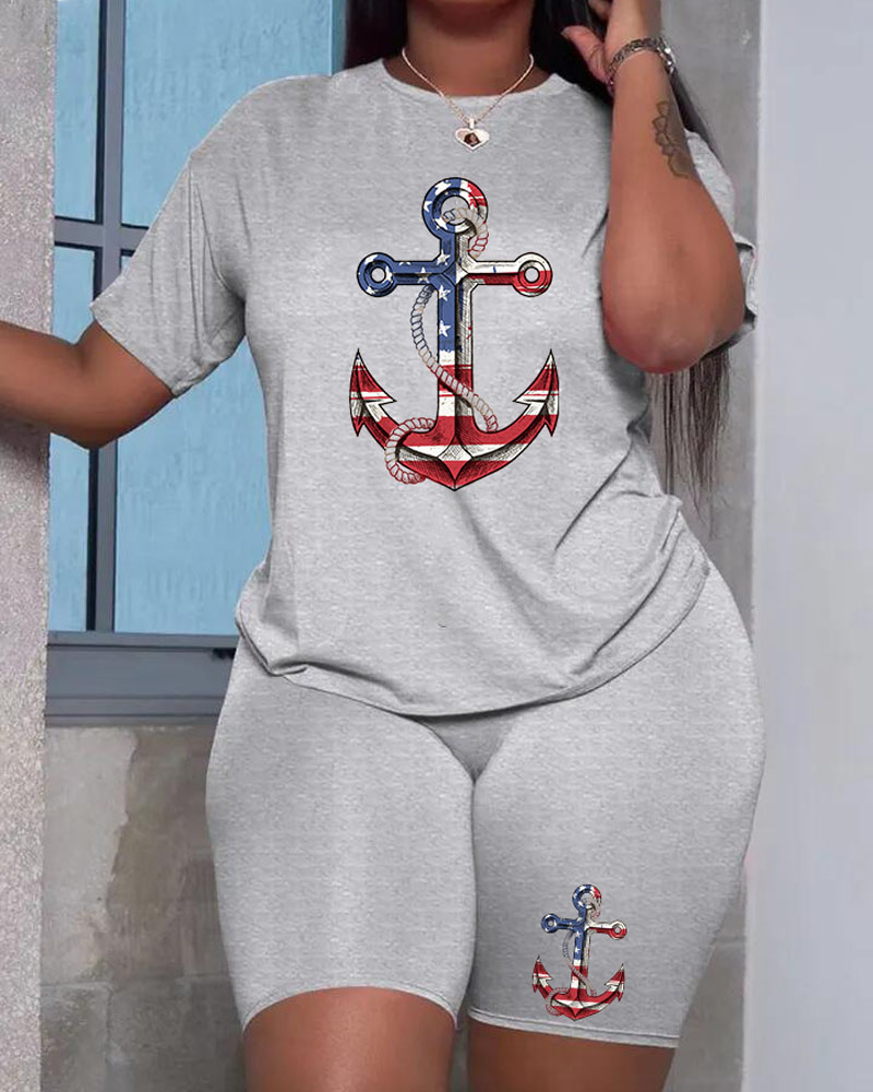 

Independence Day Flag Anchor Print Casual Top & Shorts Set, Gray