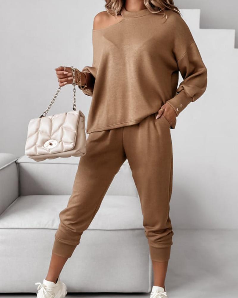 

Cold Shoulder Buttoned Long Sleeve Top & Pants Set, Khaki