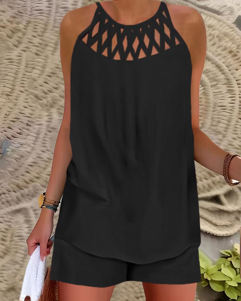 

Hollow Out Tank Top & Pocket Design Shorts Set, Black