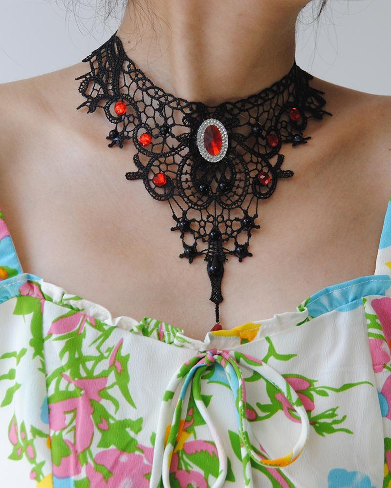 

Halloween Rhinestone Decor Lace Choker, Black
