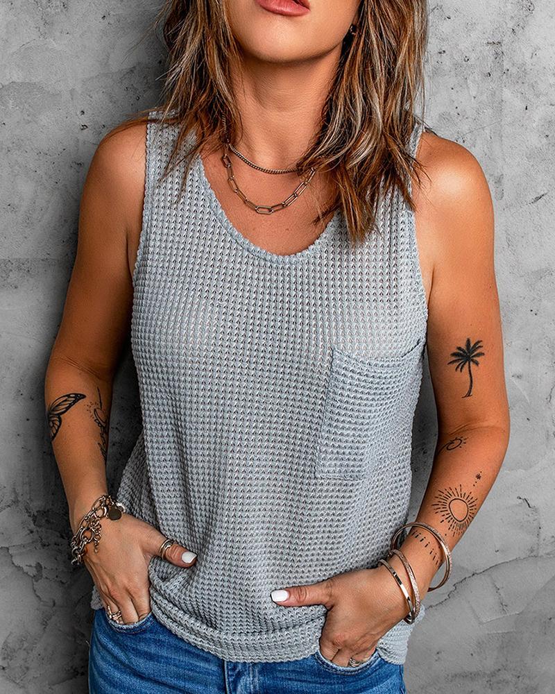 

Waffle Knit Pocket Design Tank Top, Dark grey