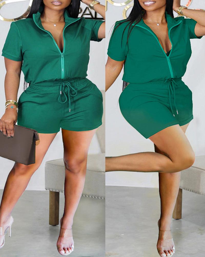

Plus Size Zip Up Top & Drawstring Shorts Set, Green