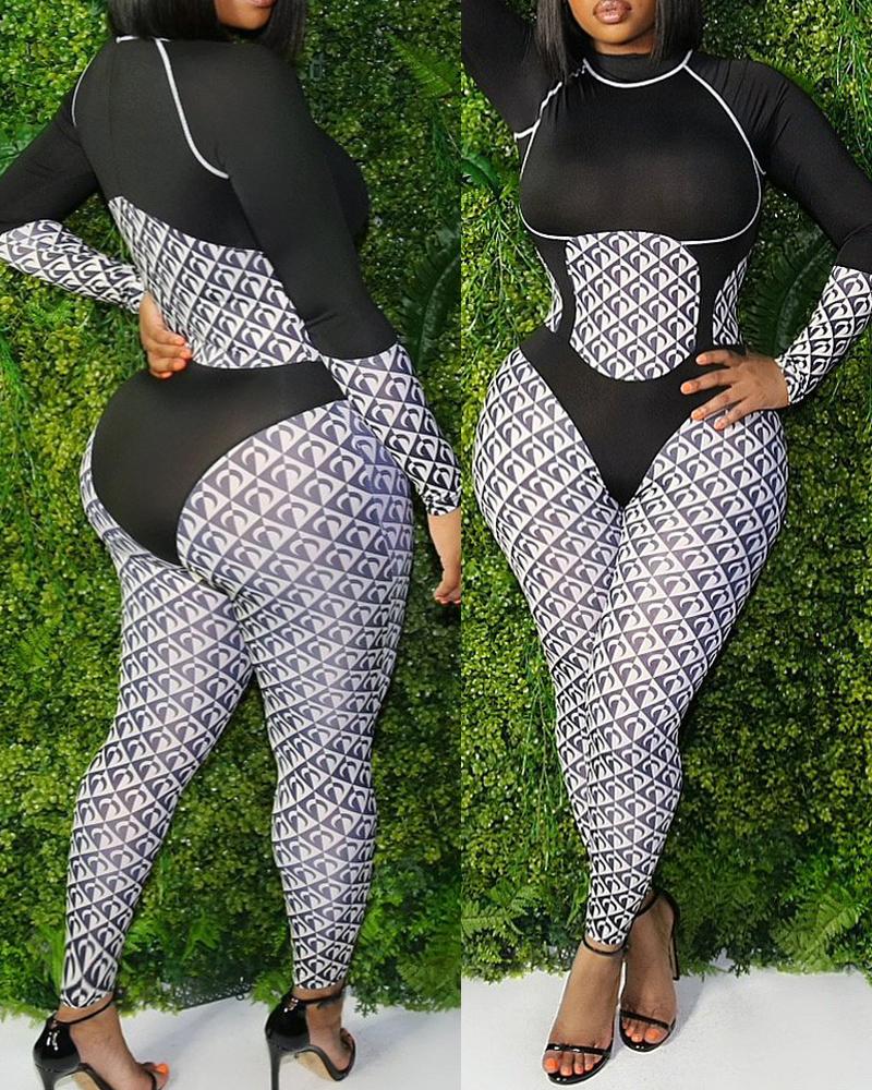 

Plus Size Geometric Print Long Sleeve Jumpsuit, Blackwhite