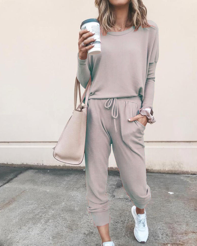 

Solid Long Sleeve Top & Drawstring Casual Pants Set, Gray