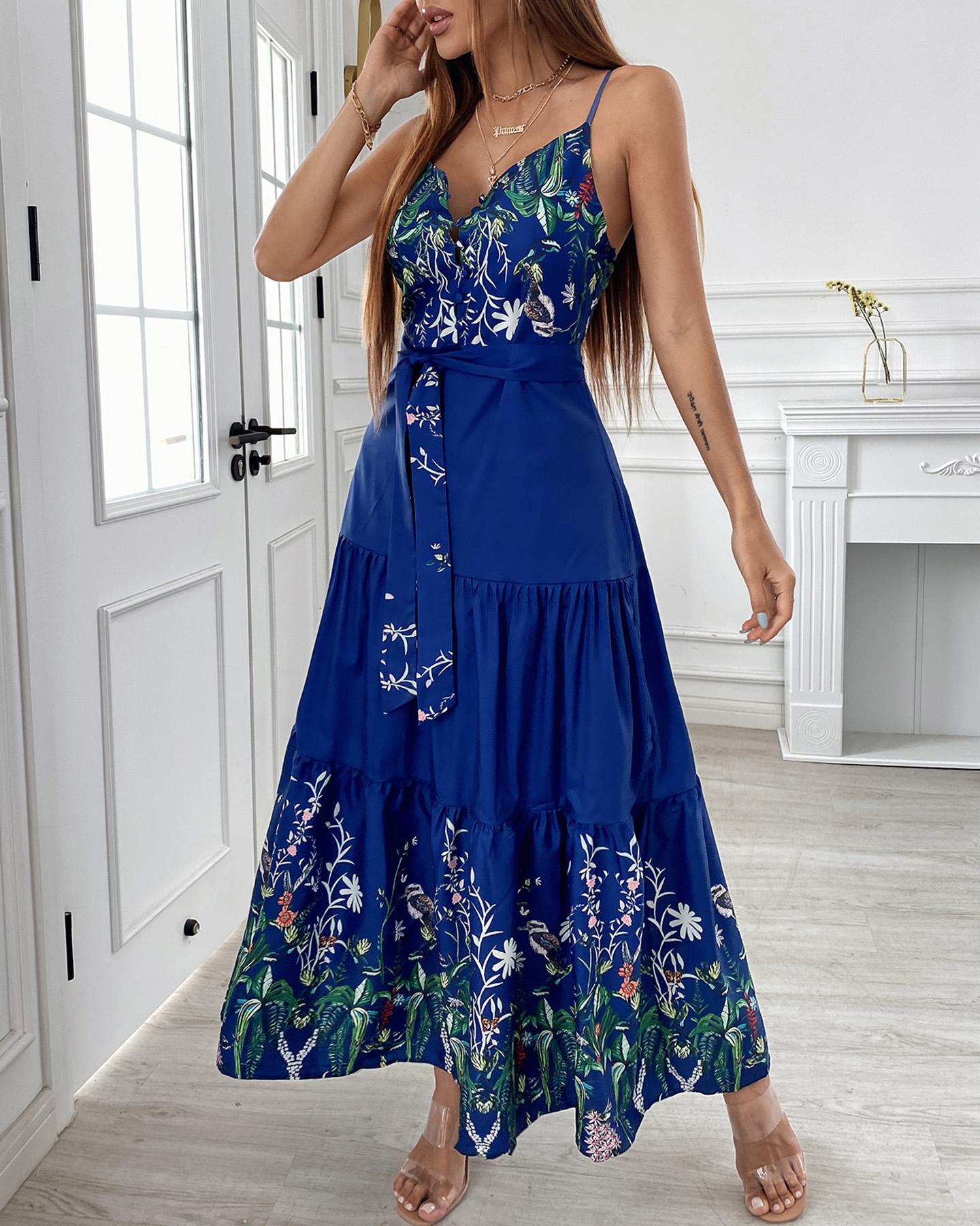 

Plant Print Spaghetti Strap Button Knotted Ruffle Trim Maxi Dress, Blue