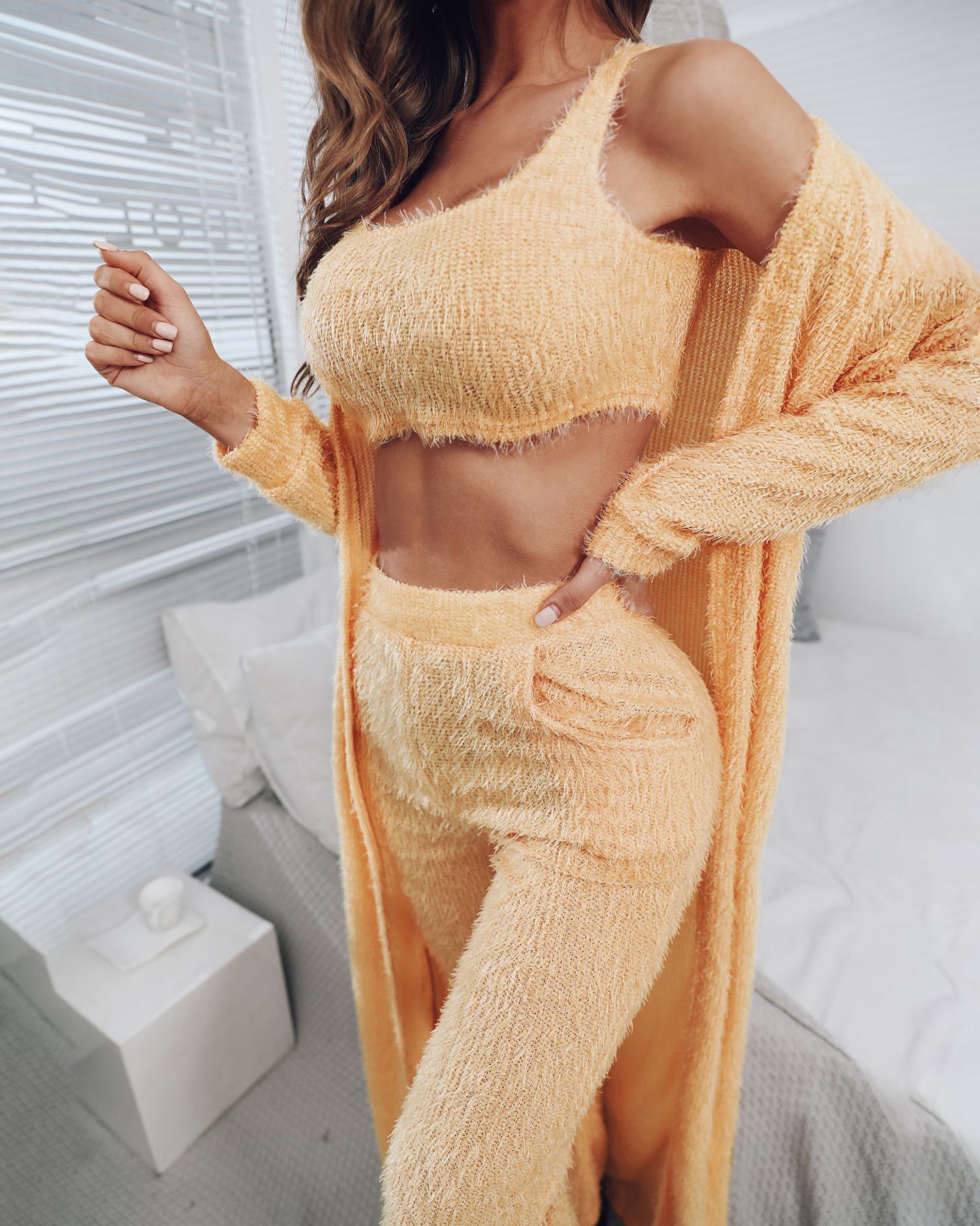 

Plain Fluffy Crop Top & Pants Set, Khaki