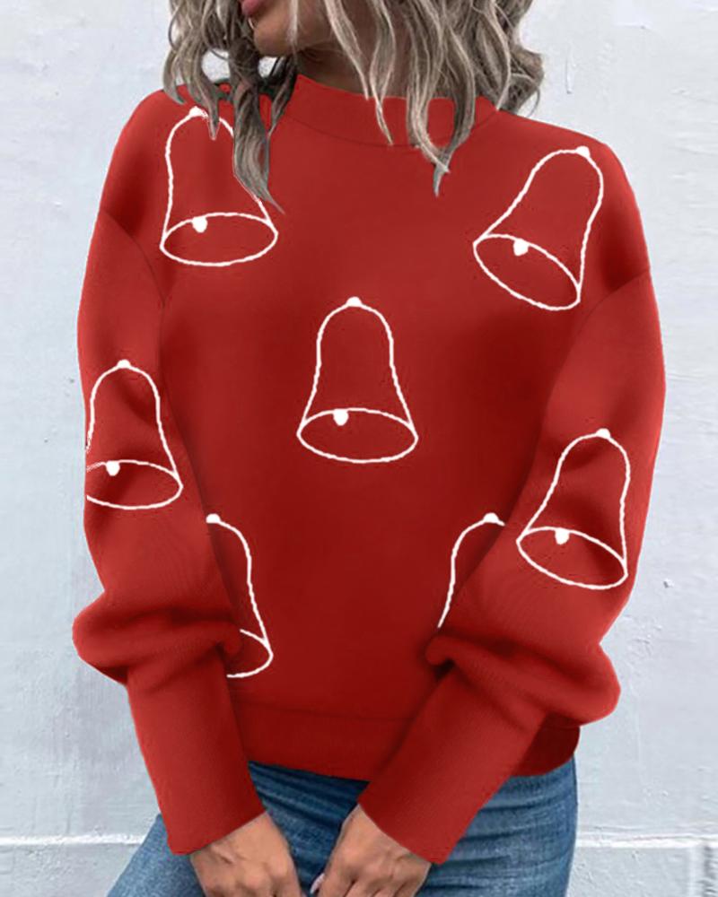 

Christmas Jingle Bell Print Mock Neck Top, Red