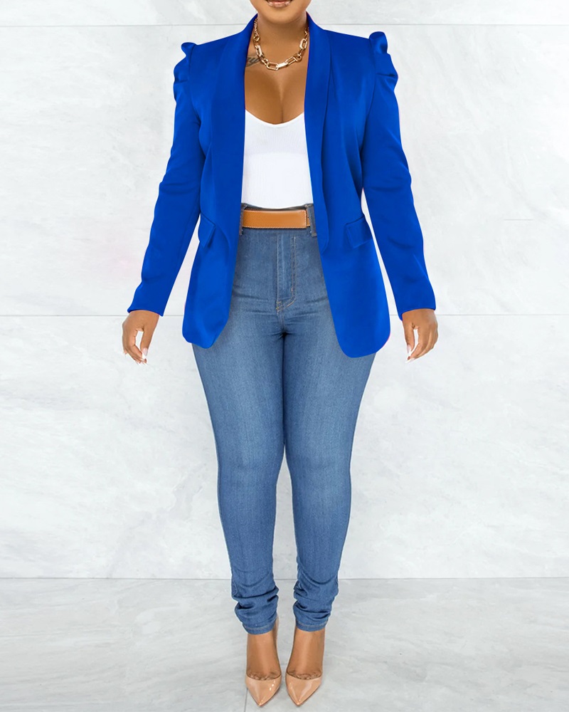 

Shawl Collar Puff Sleeve Pocket Design Blazer Coat, Blue