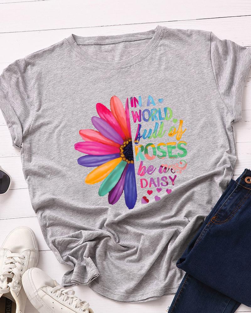 

Letter Sunflower Print Casual T-shirt, Gray