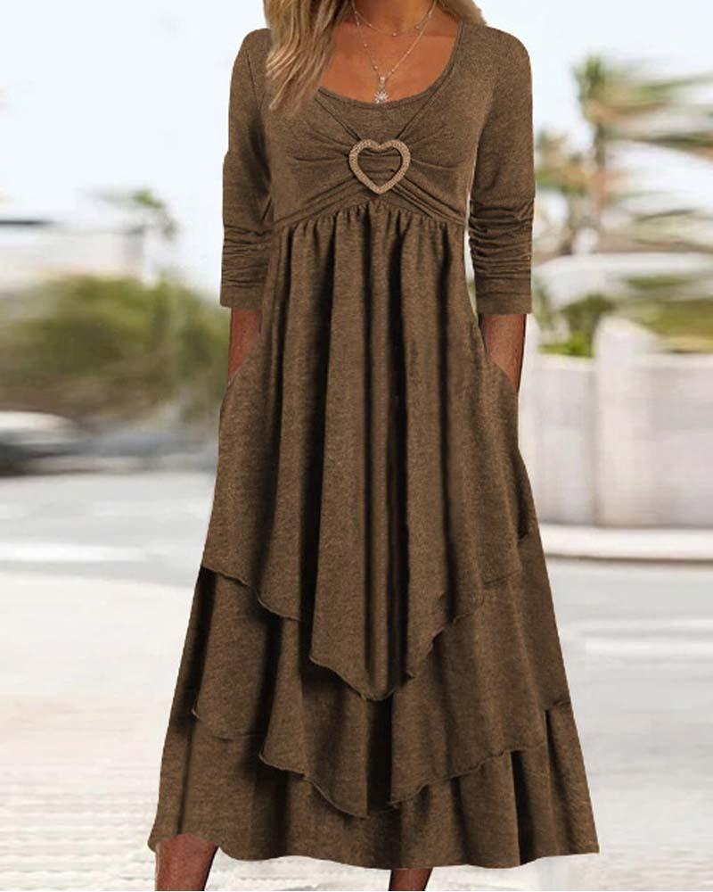 

Heart-Ring Decor Layered Ruffle Hem Casual Dress, Coffee