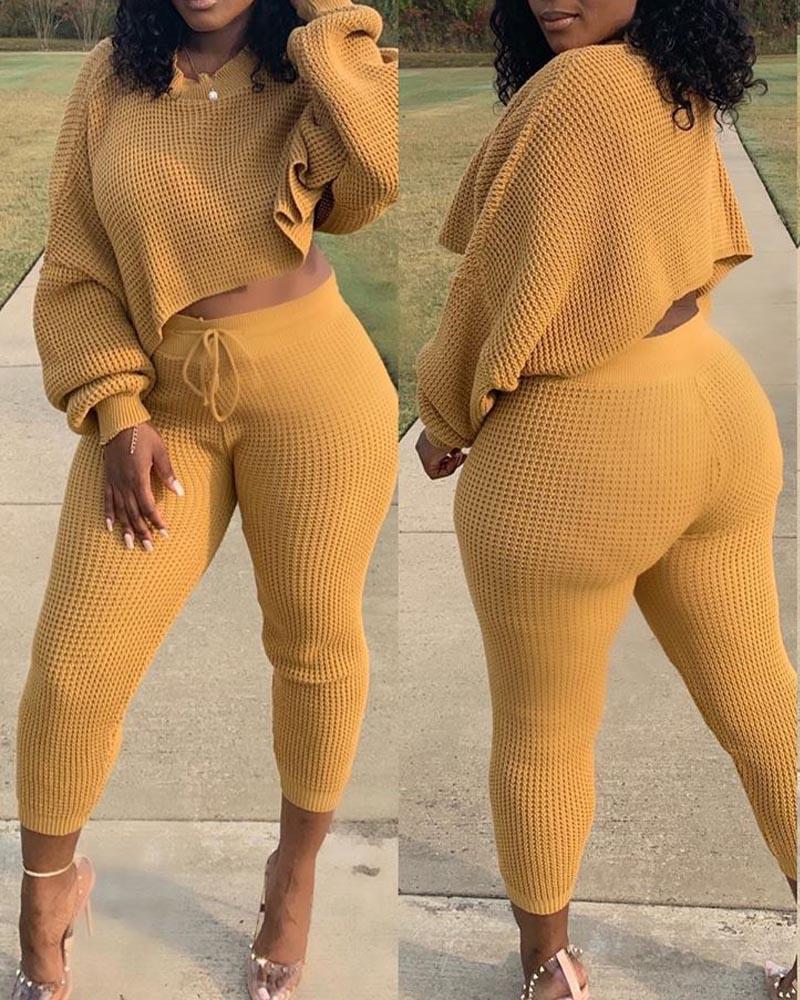 

Lantern Sleeve Crop Top & Drawstring Pants Set, Yellow