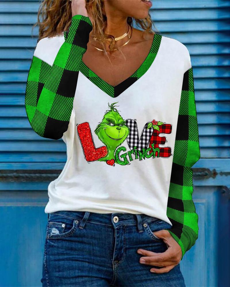 

Christmas Grinch Plaid Print Long Sleeve Top, Green