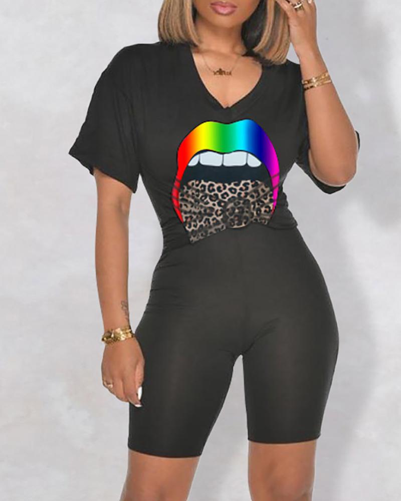 

Leopard Lip Print V-neck Top & Shorts Set, Black