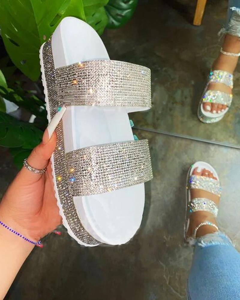 

Rainbow Peep Toe Sequins Flat Sandals, White