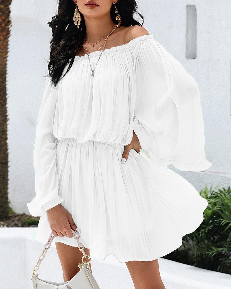 

Plain Off Shoulder Ruched Bell Sleeve Casual Dress, White