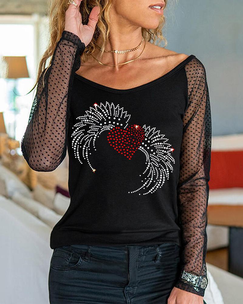 

Valentine' Day Heart Pattern Dot Mesh Rhinestone Top, Style2