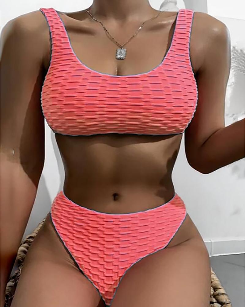 

Bubble Textured U-Neck High Waist Bikini Set, Pink