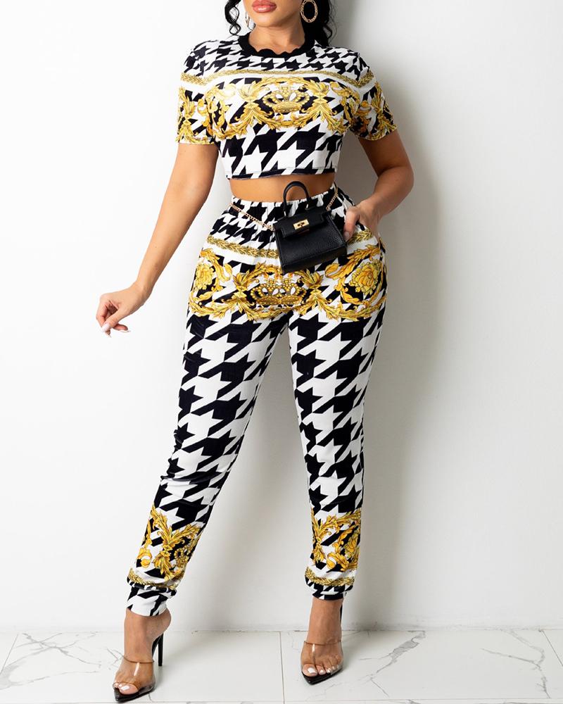 

Two Piece Sets Short Sleeve Houndstooth Scarf Print Crop Top & High Waist Pants Set, Multicolor