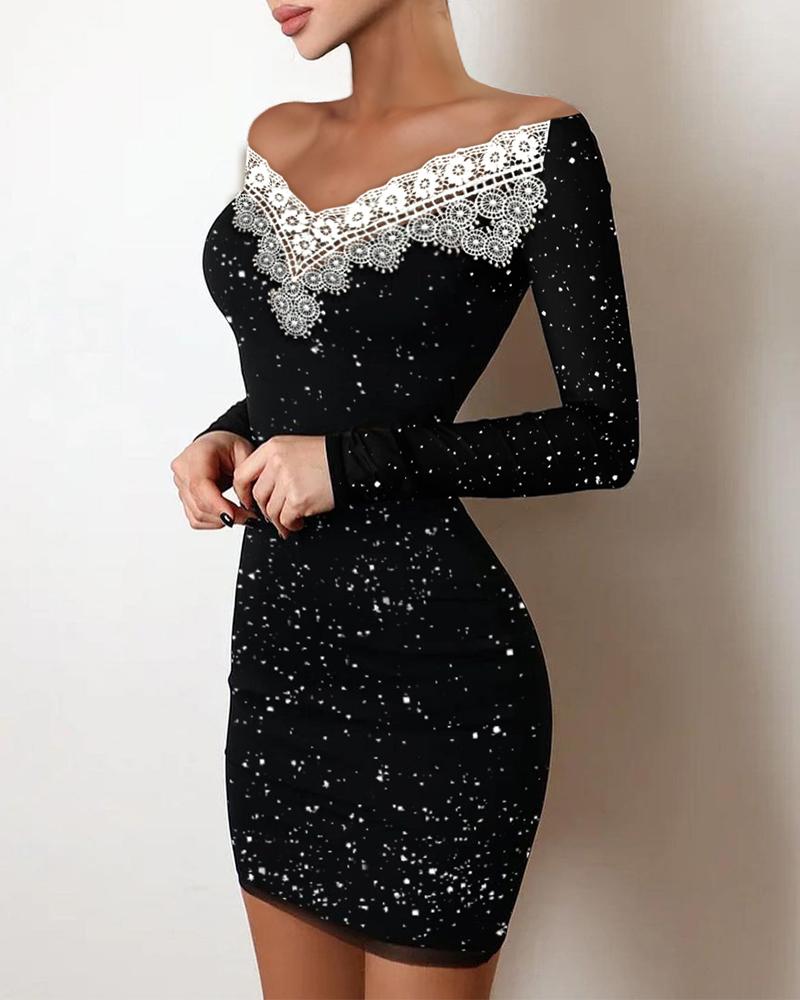 

Contrast Lace Glitter Bodycon Dress, White
