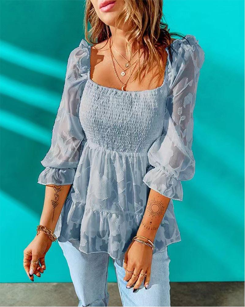 

Puff Lantern Sleeve Shirred Ruffles Top, Blue