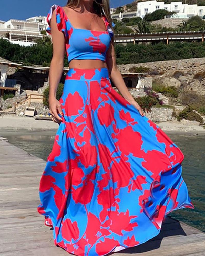 

Floral Print Sleeveless Strap Tanks With A-line Long Skirts Skirt Sets, Red