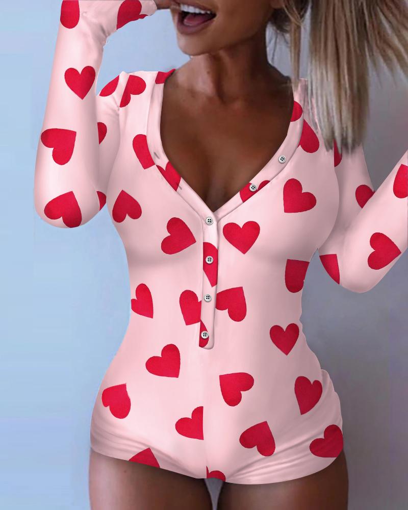 

Heart Print Functional Buttoned Flap Adults Pajamas, Pink