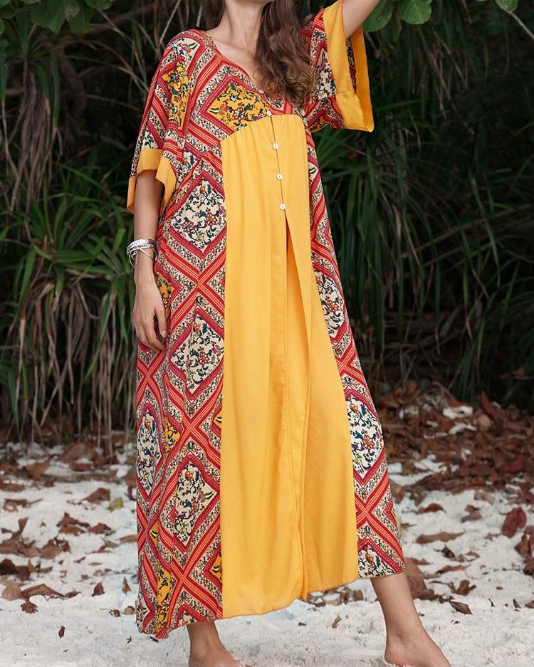 

Print Insert Buttoned Slit Loose Dress, Yellow