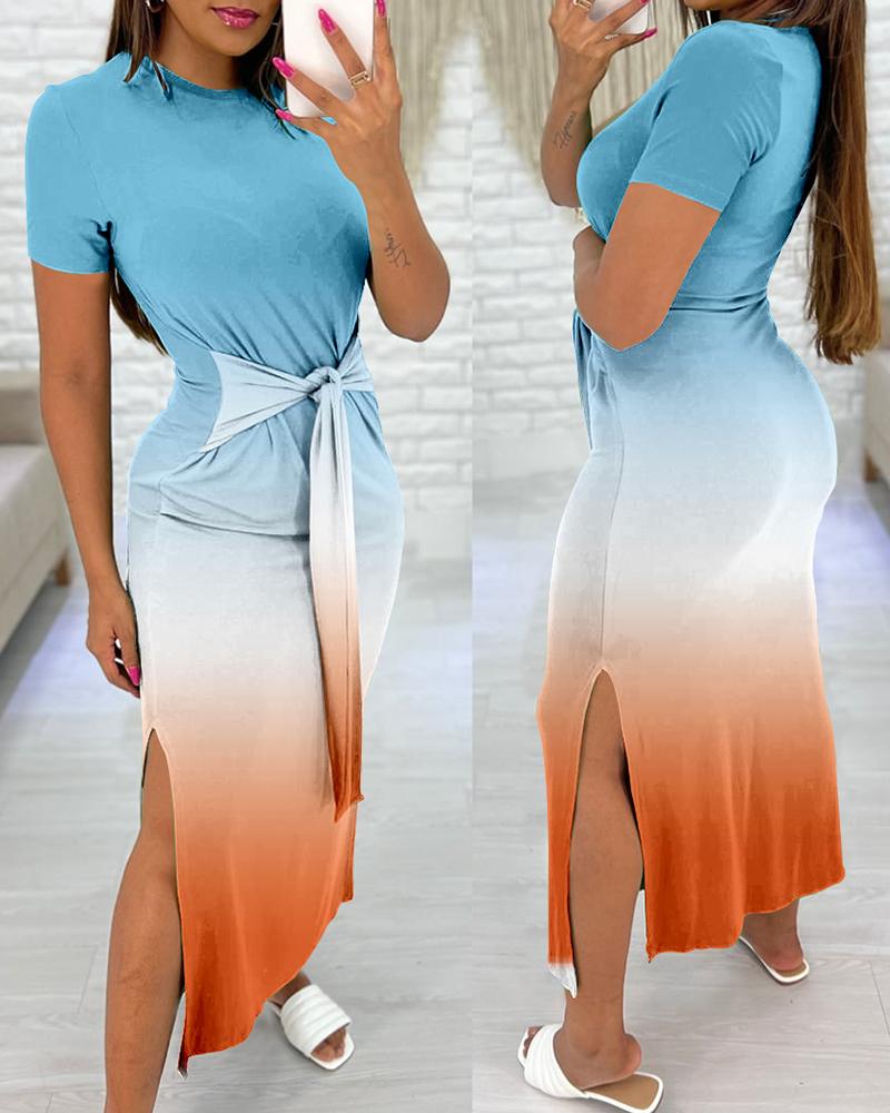 

Ombre Knotted Slit Casual Dress, Orange